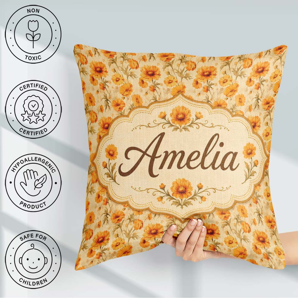 Custom Name Floral on Neutral Background with Warm Autumn Tones Square Filled Cushion Throw Pillow Sofa Bed Home Decor Zip Washable UK Made