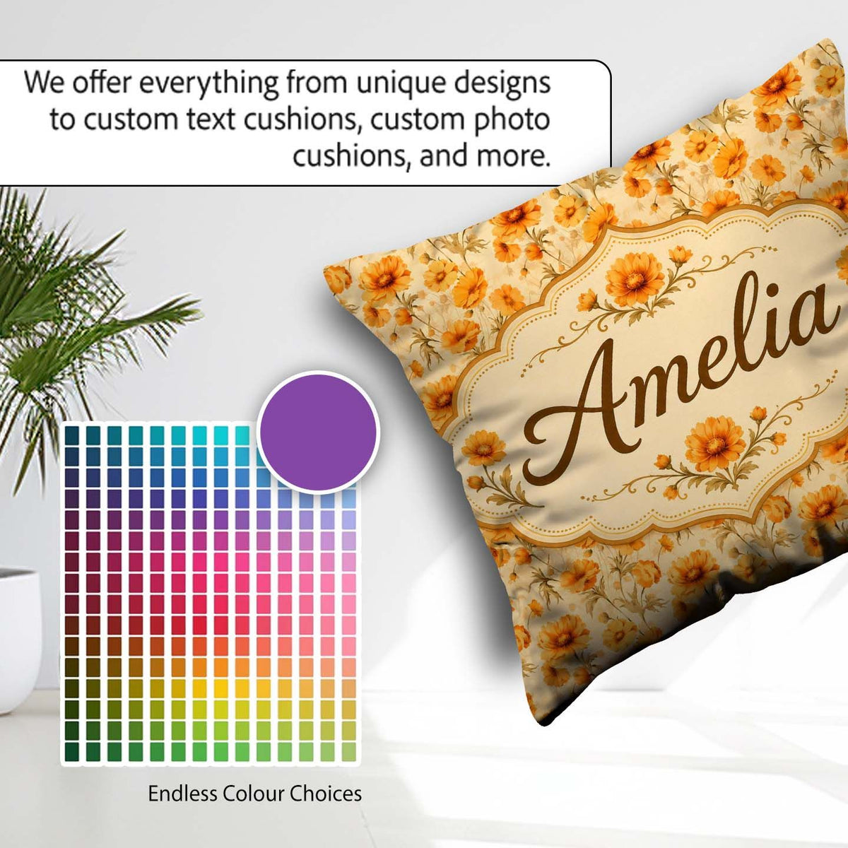 Custom Name Floral on Neutral Background with Warm Autumn Tones Square Filled Cushion Throw Pillow Sofa Bed Home Decor Zip Washable UK Made
