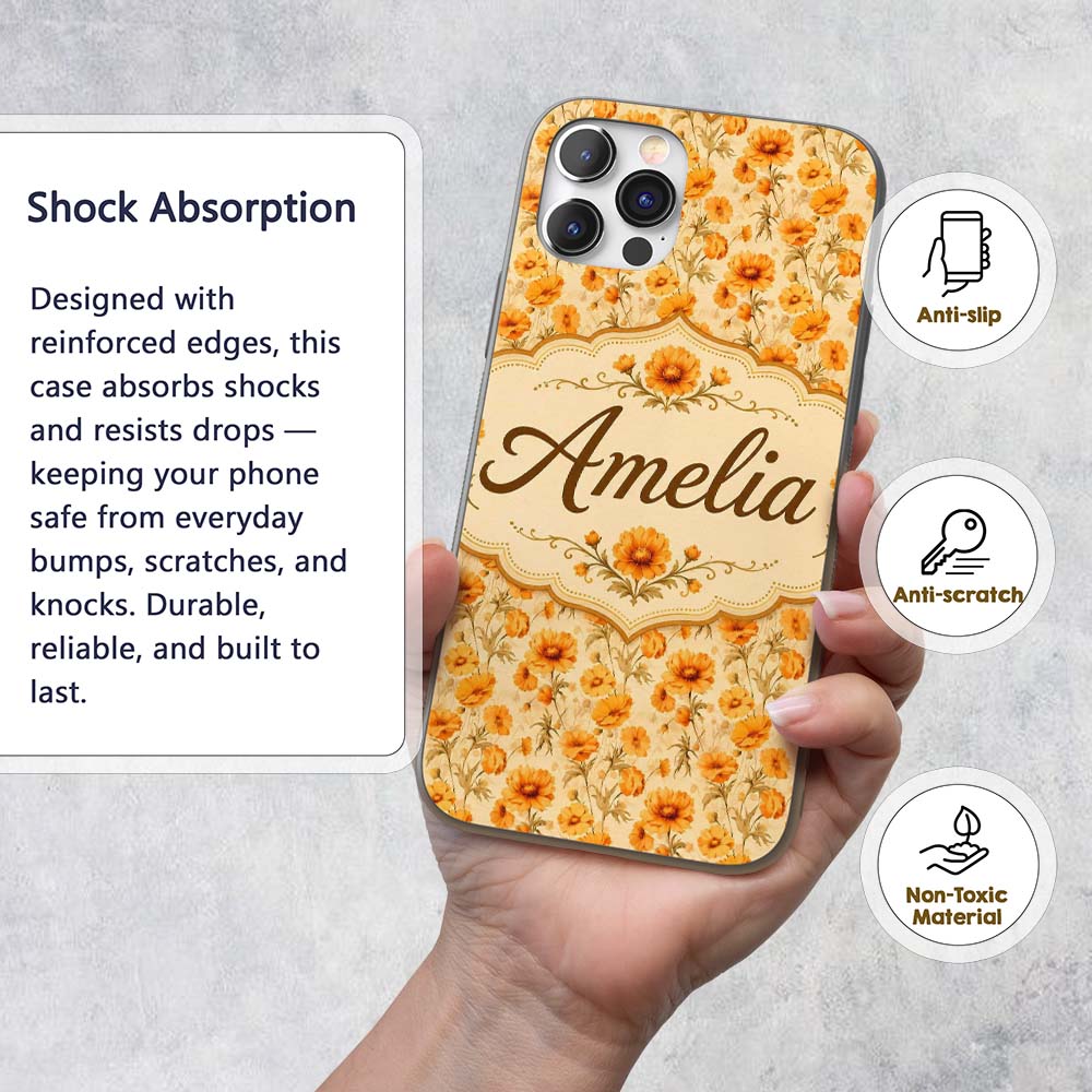 Chrysanthemum Floral on Neutral Background with Custom Name Protective Phone Case Mobile Cover Durable Everyday Smartphone Shock Resistant