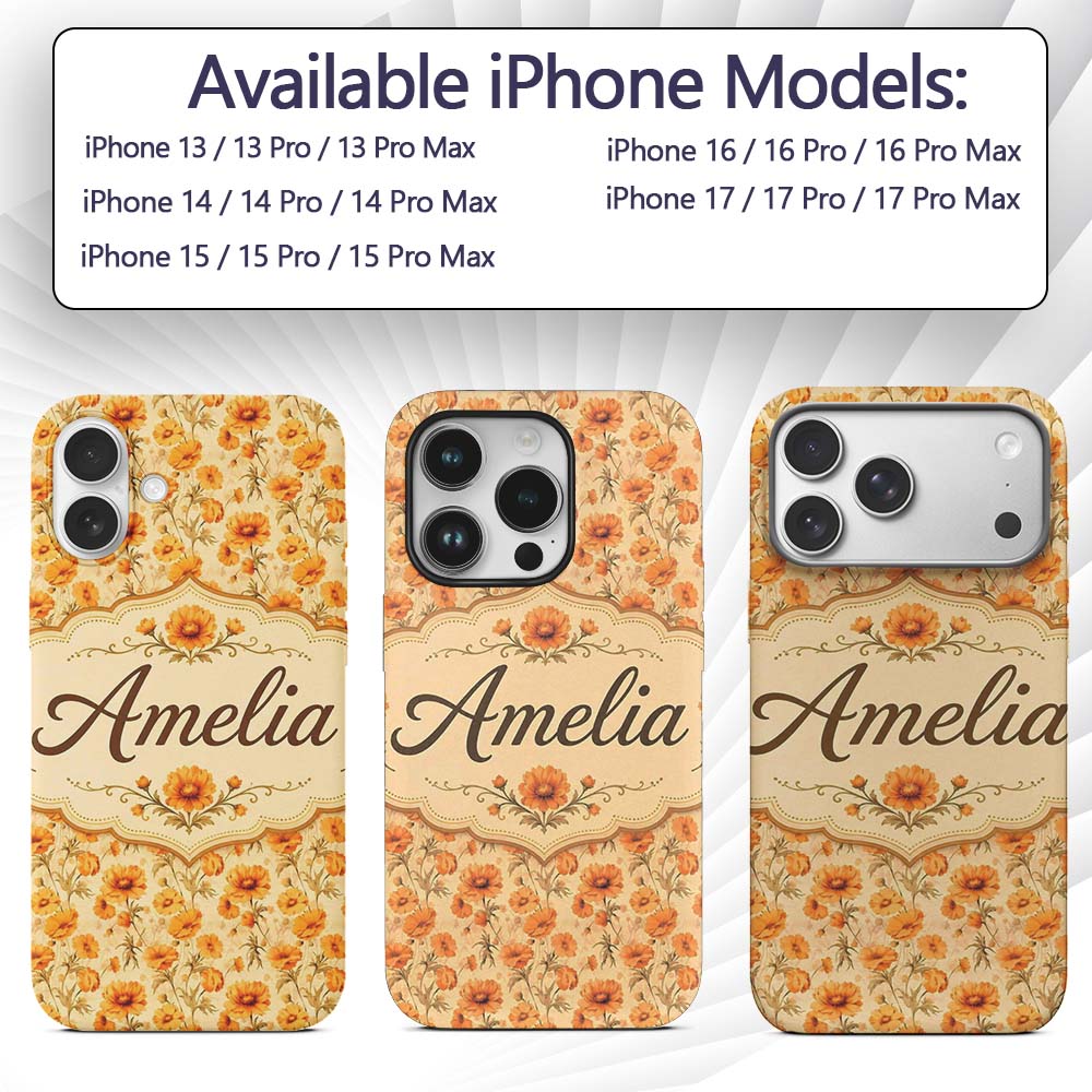Chrysanthemum Floral on Neutral Background with Custom Name Protective Phone Case Mobile Cover Durable Everyday Smartphone Shock Resistant