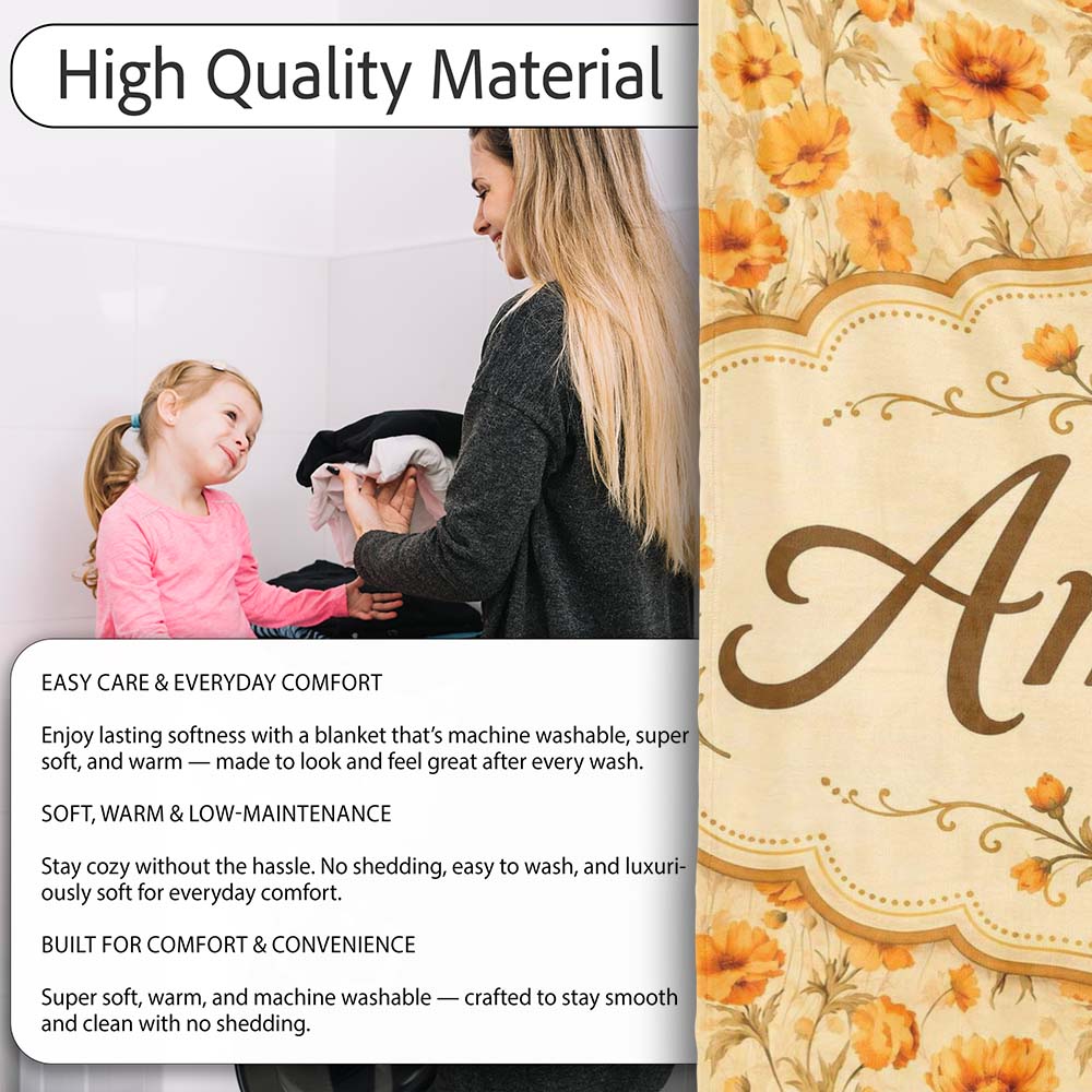 Chrysanthemum Floral on Neutral Background with Warm Autumn Tones Personalised Custom Name Super Soft Fleece Blanket Bed Sofa Throw