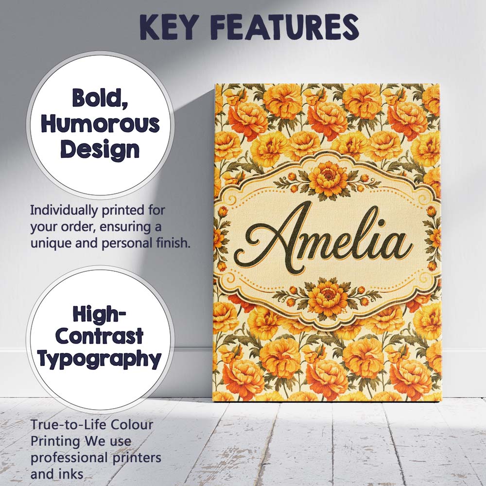 Personalised Name Soft Pastel Orange Floral Custom Bespoke Interior Contemporary Canvas Wall Art Print Decor Picture Ready to Hang