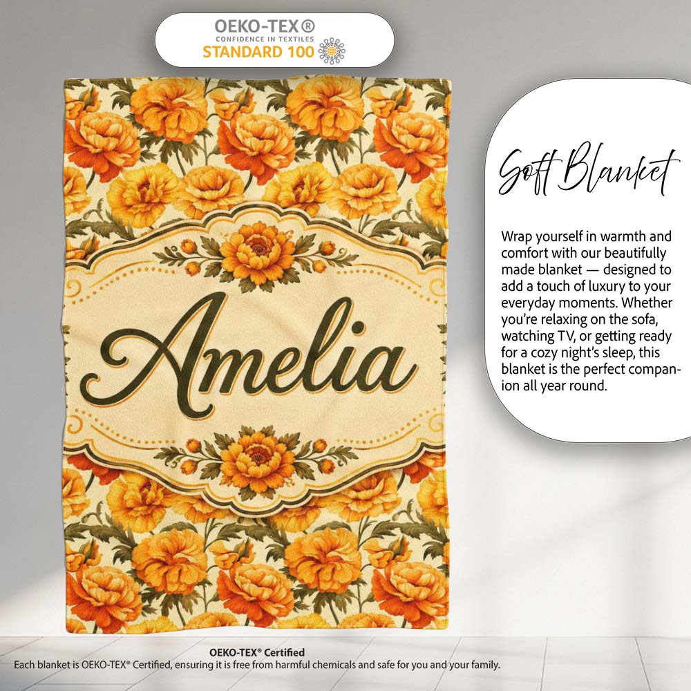 Soft Pastel Orange Floral Pattern with Cream and Sage Tones Lovely Personalised Custom Name Super Soft Fleece Blanket Bed Sofa Throw