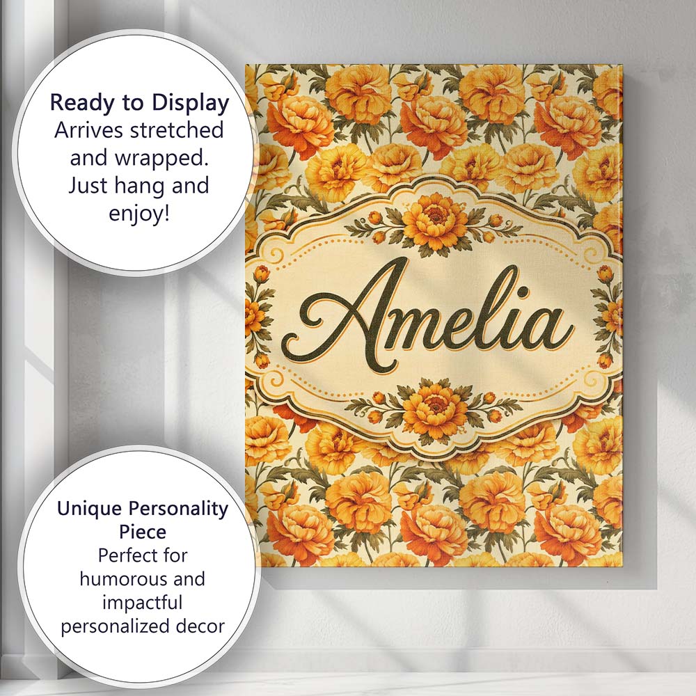 Personalised Name Soft Pastel Orange Floral Custom Bespoke Interior Contemporary Canvas Wall Art Print Decor Picture Ready to Hang