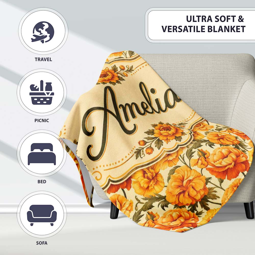 Soft Pastel Orange Floral Pattern with Cream and Sage Tones Lovely Personalised Custom Name Super Soft Fleece Blanket Bed Sofa Throw