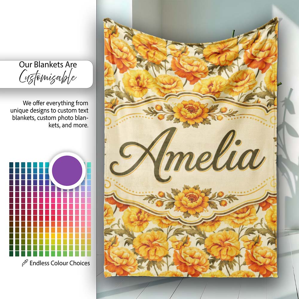 Soft Pastel Orange Floral Pattern with Cream and Sage Tones Lovely Personalised Custom Name Super Soft Fleece Blanket Bed Sofa Throw