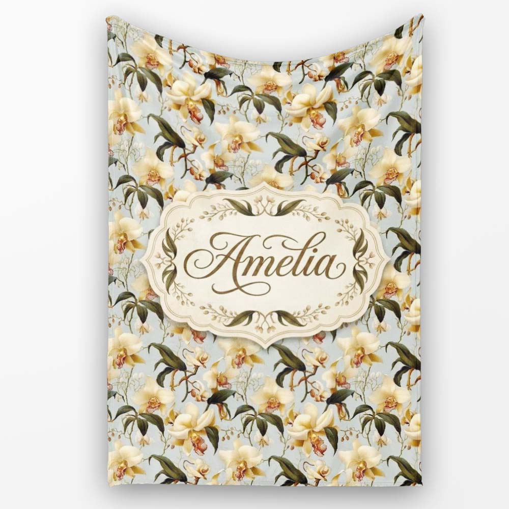 Classic Ivory Orchid Floral with Detailed Leaves Muted Blue Lovely Personalised Custom Name Super Soft Fleece Blanket Bed Sofa Throw