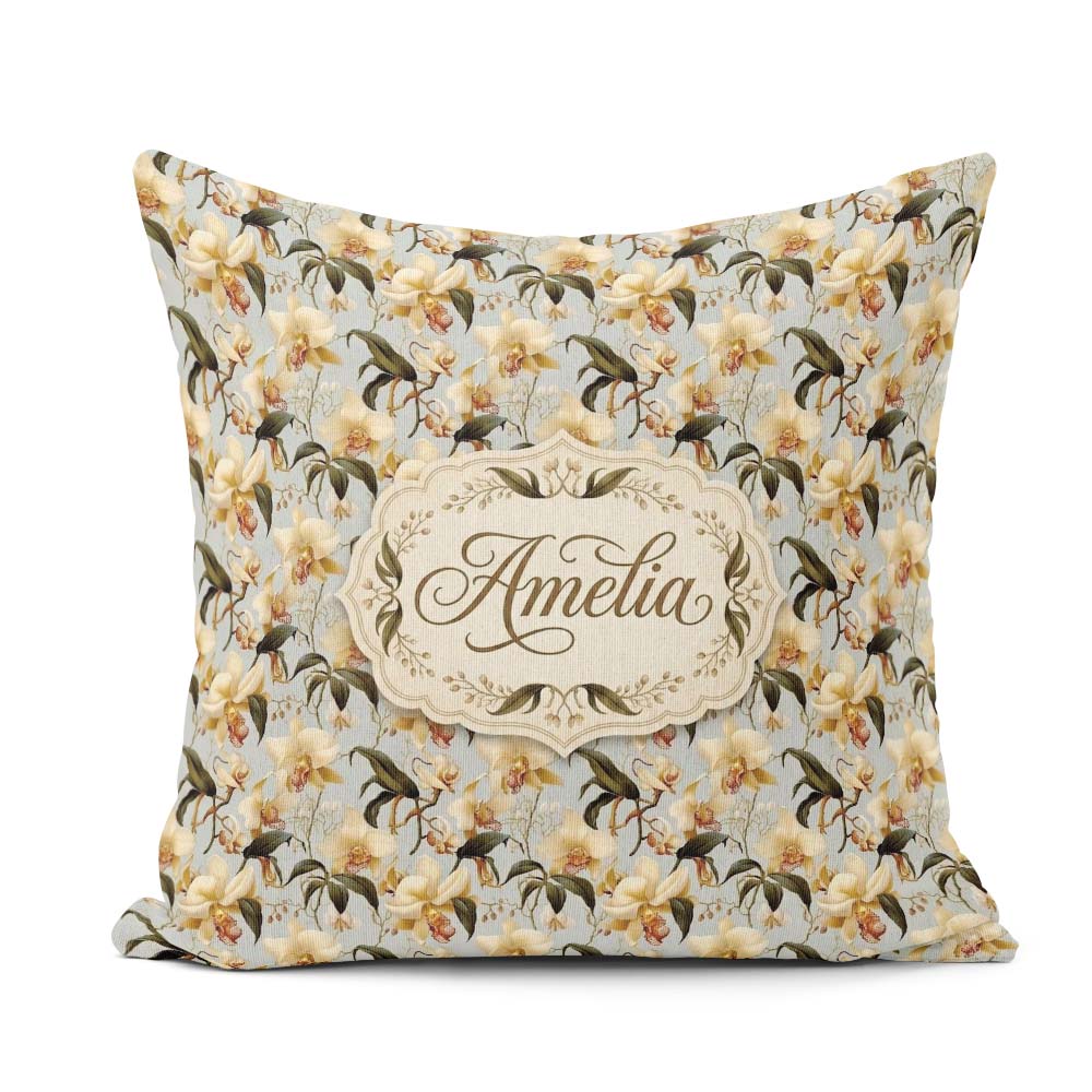 Custom Name Classic Ivory Orchid Floral with Detailed Muted Blue Square Filled Cushion Throw Pillow Sofa Bed Home Decor Zip Washable UK Made