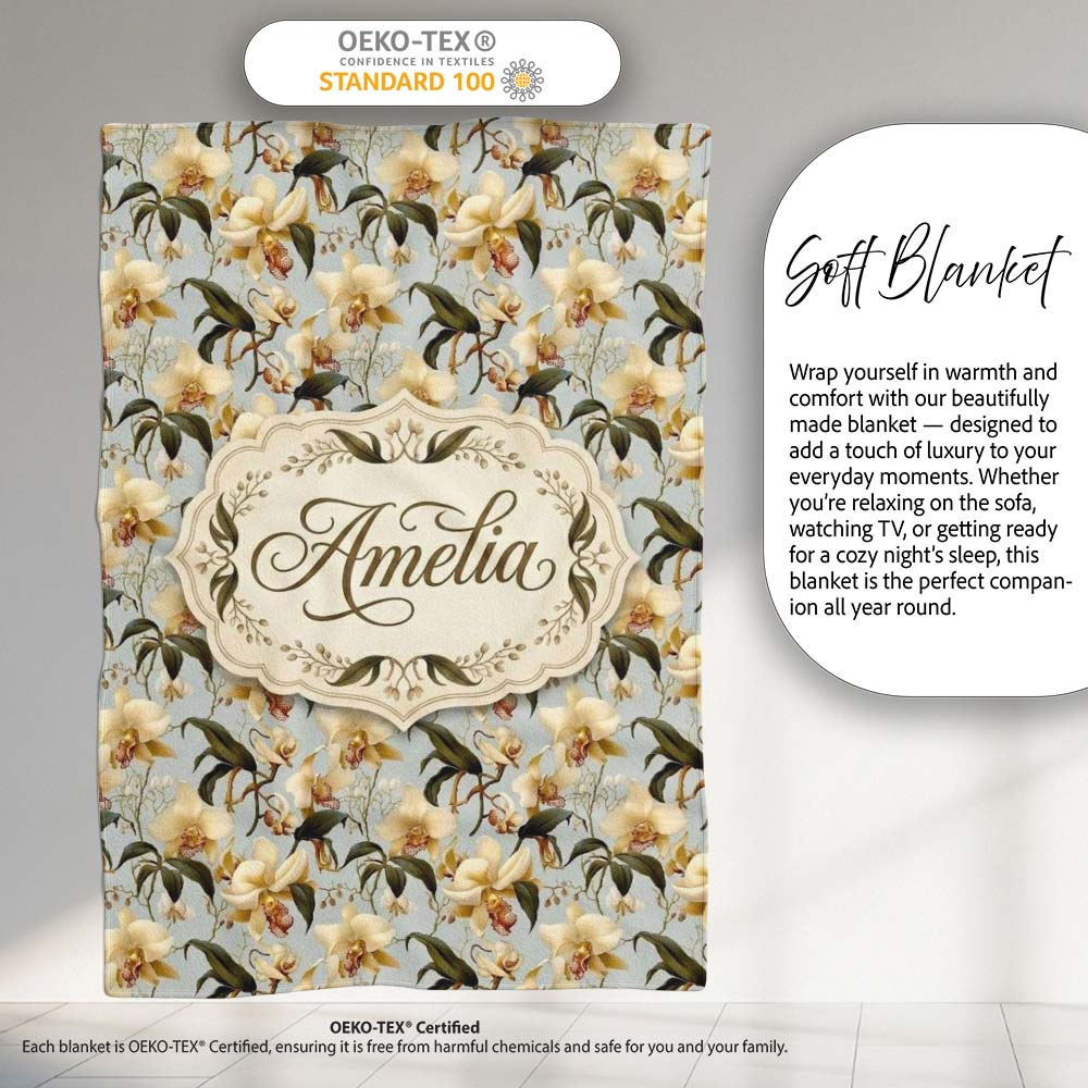 Classic Ivory Orchid Floral with Detailed Leaves Muted Blue Lovely Personalised Custom Name Super Soft Fleece Blanket Bed Sofa Throw