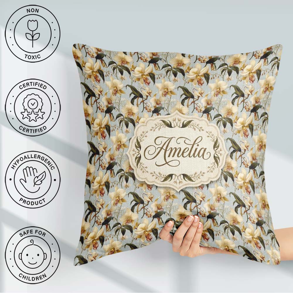 Custom Name Classic Ivory Orchid Floral with Detailed Muted Blue Square Filled Cushion Throw Pillow Sofa Bed Home Decor Zip Washable UK Made