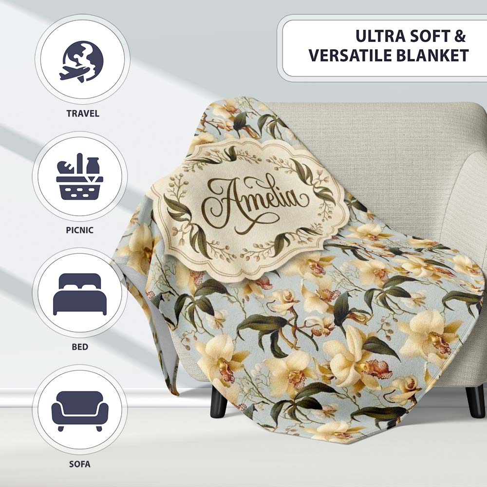 Classic Ivory Orchid Floral with Detailed Leaves Muted Blue Lovely Personalised Custom Name Super Soft Fleece Blanket Bed Sofa Throw