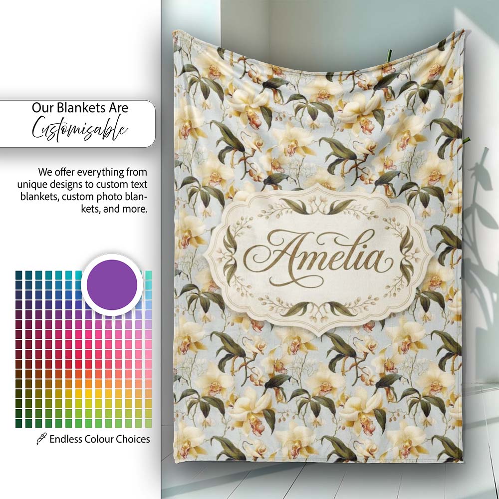 Classic Ivory Orchid Floral with Detailed Leaves Muted Blue Lovely Personalised Custom Name Super Soft Fleece Blanket Bed Sofa Throw