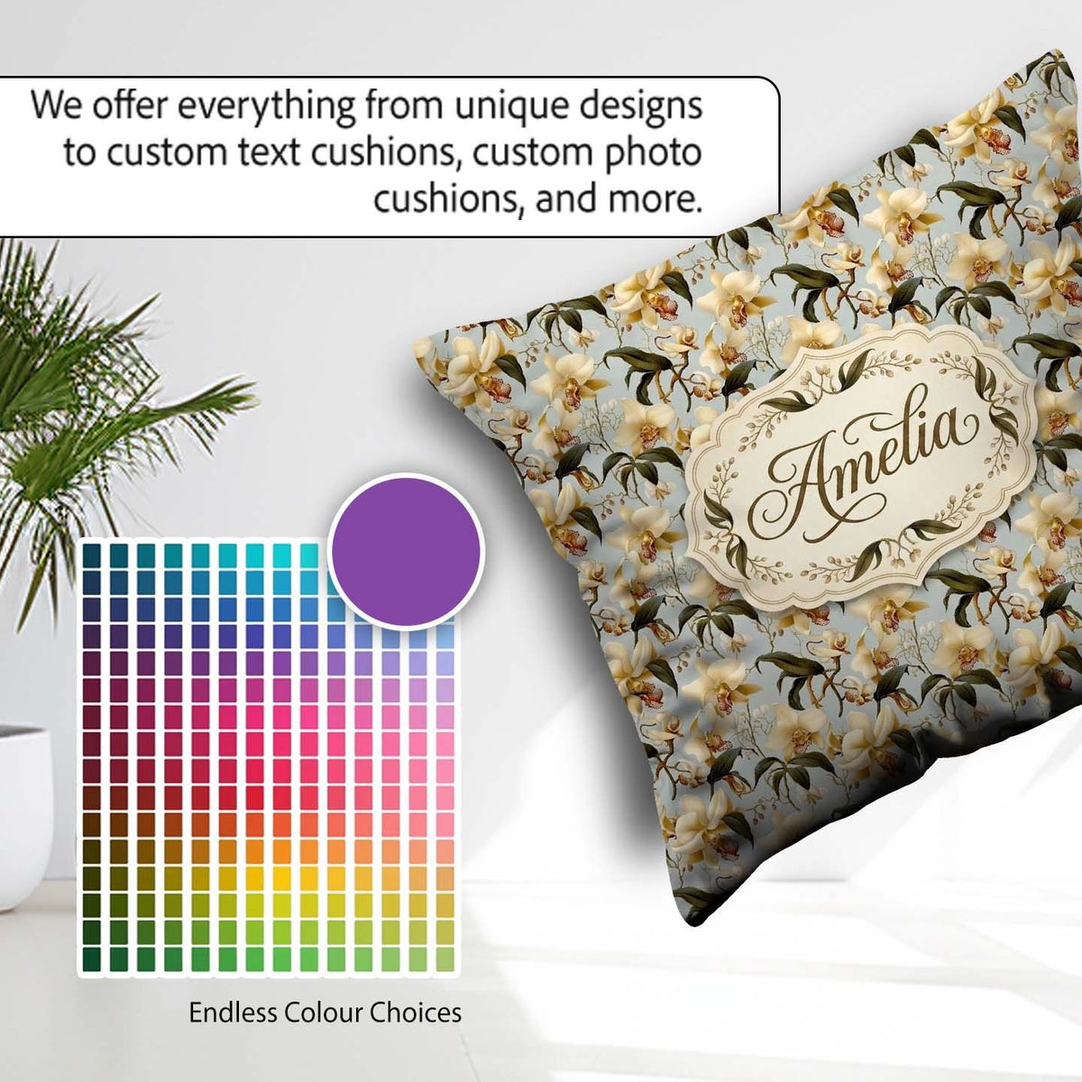 Custom Name Classic Ivory Orchid Floral with Detailed Muted Blue Square Filled Cushion Throw Pillow Sofa Bed Home Decor Zip Washable UK Made