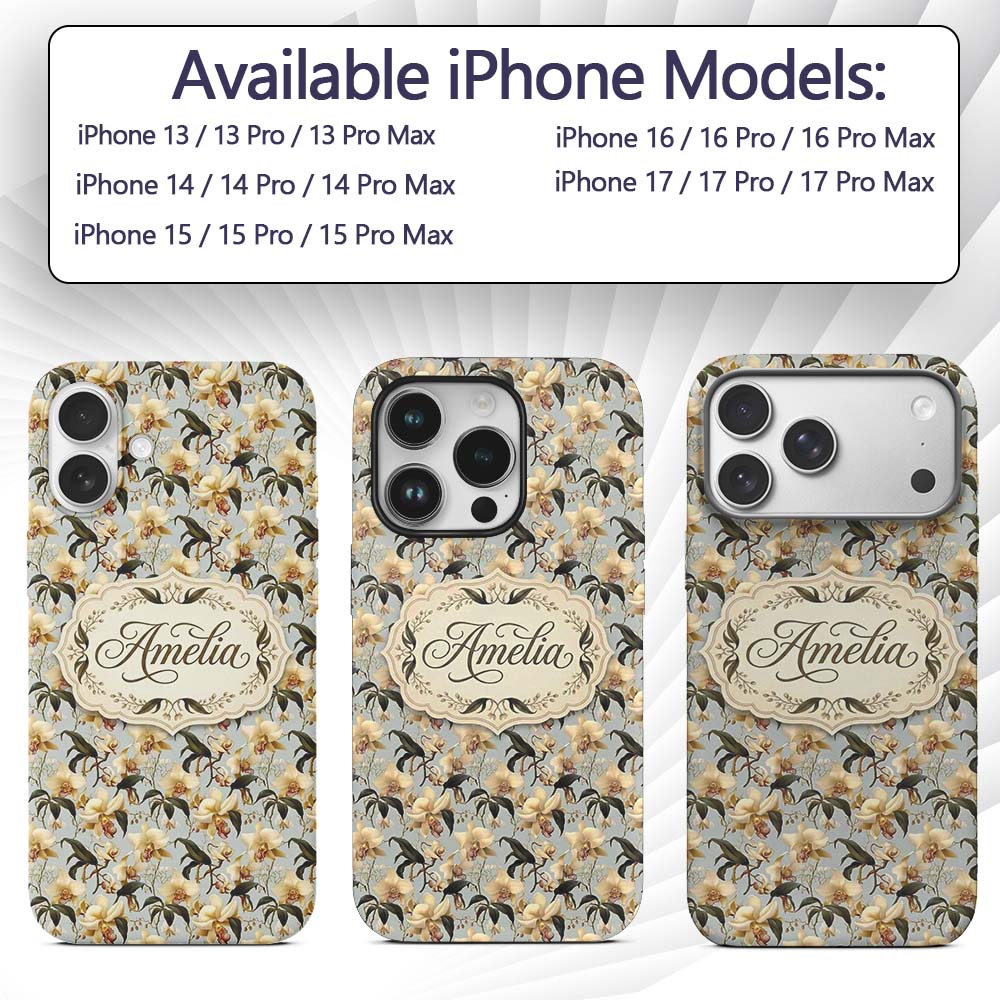 Classic Ivory Orchid Floral with Detailed Leaves Custom Name Protective Phone Case Mobile Cover Durable Everyday Smartphone Shock Resistant