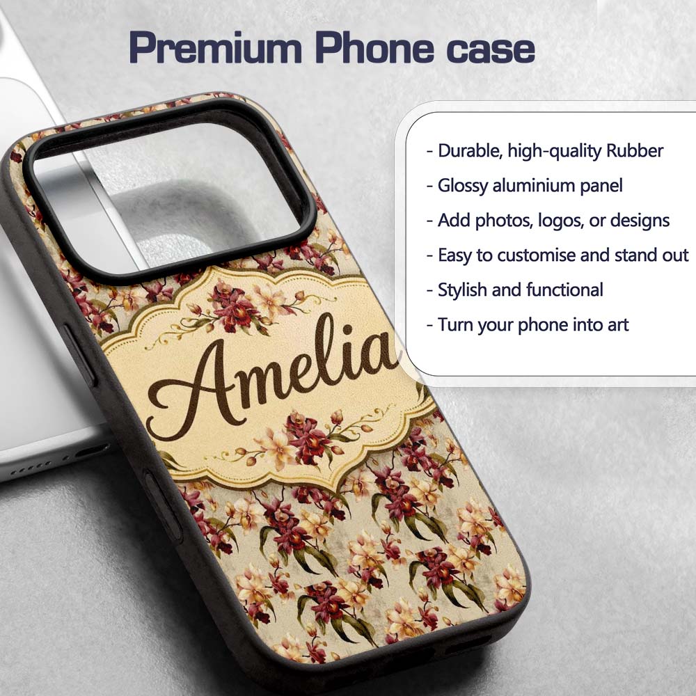 Rich Burgundy and Cream Orchid Floral Pattern on Custom Name Protective Phone Case Mobile Cover Durable Everyday Smartphone Shock Resistant