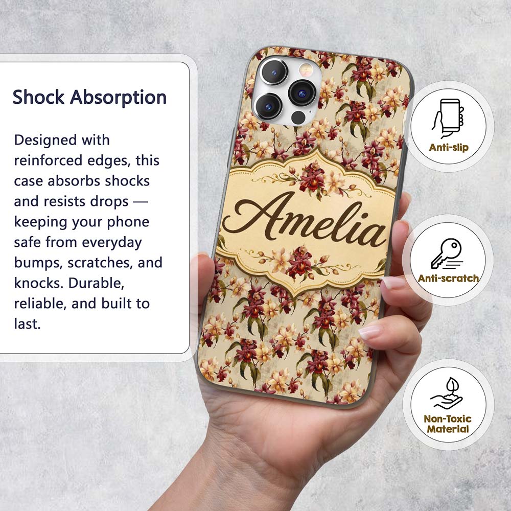 Rich Burgundy and Cream Orchid Floral Pattern on Custom Name Protective Phone Case Mobile Cover Durable Everyday Smartphone Shock Resistant