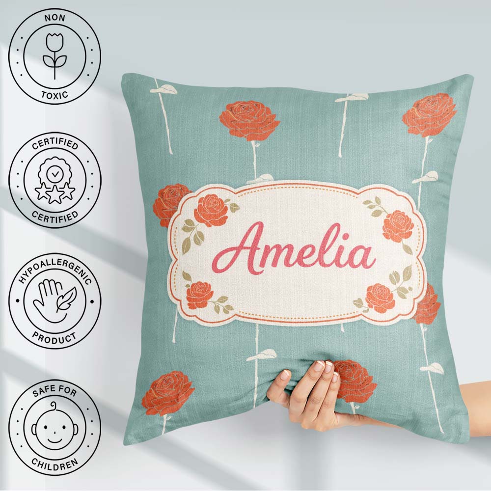 Custom Name Red Rose Minimal Pattern Blue Elegant Design Lovely Square Filled Cushion Throw Pillow Sofa Bed Home Decor Zip Washable UK Made