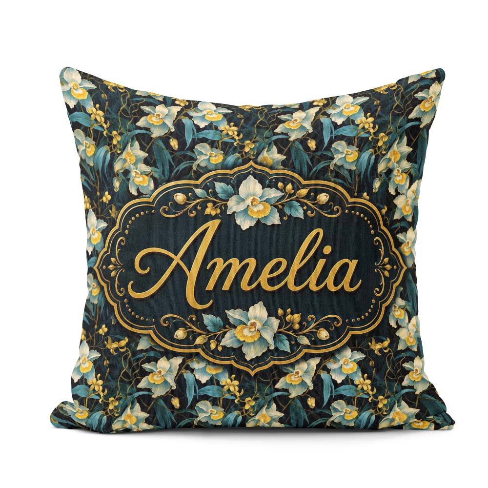 Custom Name Dark Botanical Orchid with Blue and Gold Tones Black Square Filled Cushion Throw Pillow Sofa Bed Home Decor Zip Washable UK Made