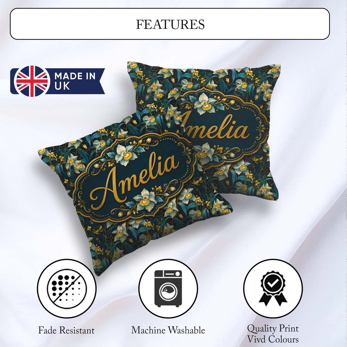 Custom Name Dark Botanical Orchid with Blue and Gold Tones Black Square Filled Cushion Throw Pillow Sofa Bed Home Decor Zip Washable UK Made