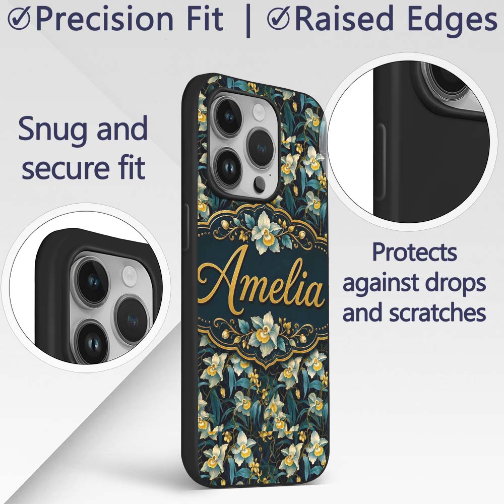 Dark Botanical Orchid Floral with Blue and Gold Custom Name Protective Phone Case Mobile Cover Durable Everyday Smartphone Shock Resistant