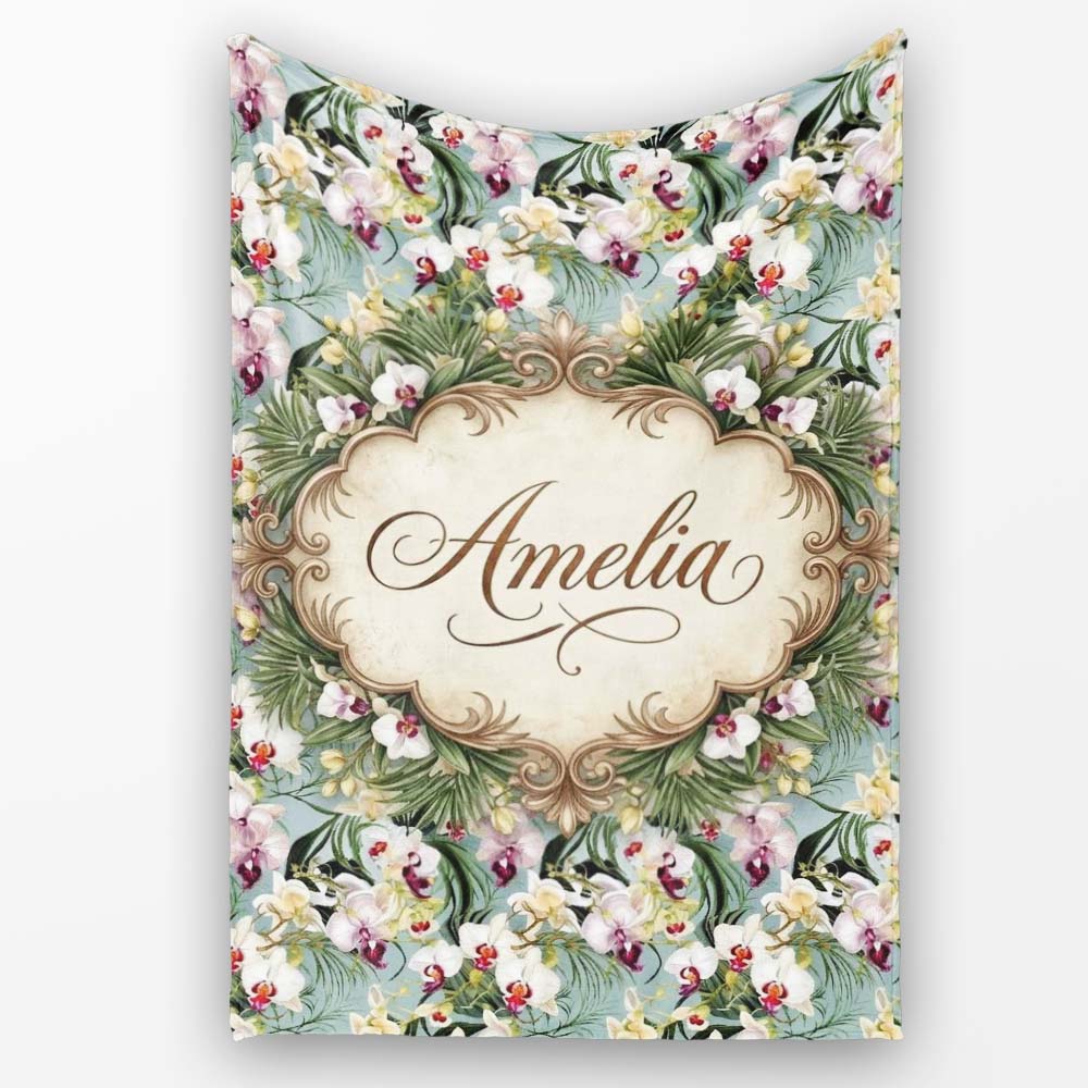 Tropical Orchid Floral with Cream and Pink Blooms Soft Blue Lovely Personalised Custom Name Super Soft Fleece Blanket Bed Sofa Throw