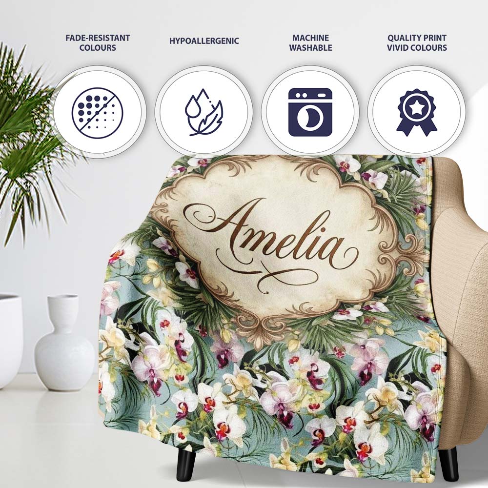 Tropical Orchid Floral with Cream and Pink Blooms Soft Blue Lovely Personalised Custom Name Super Soft Fleece Blanket Bed Sofa Throw