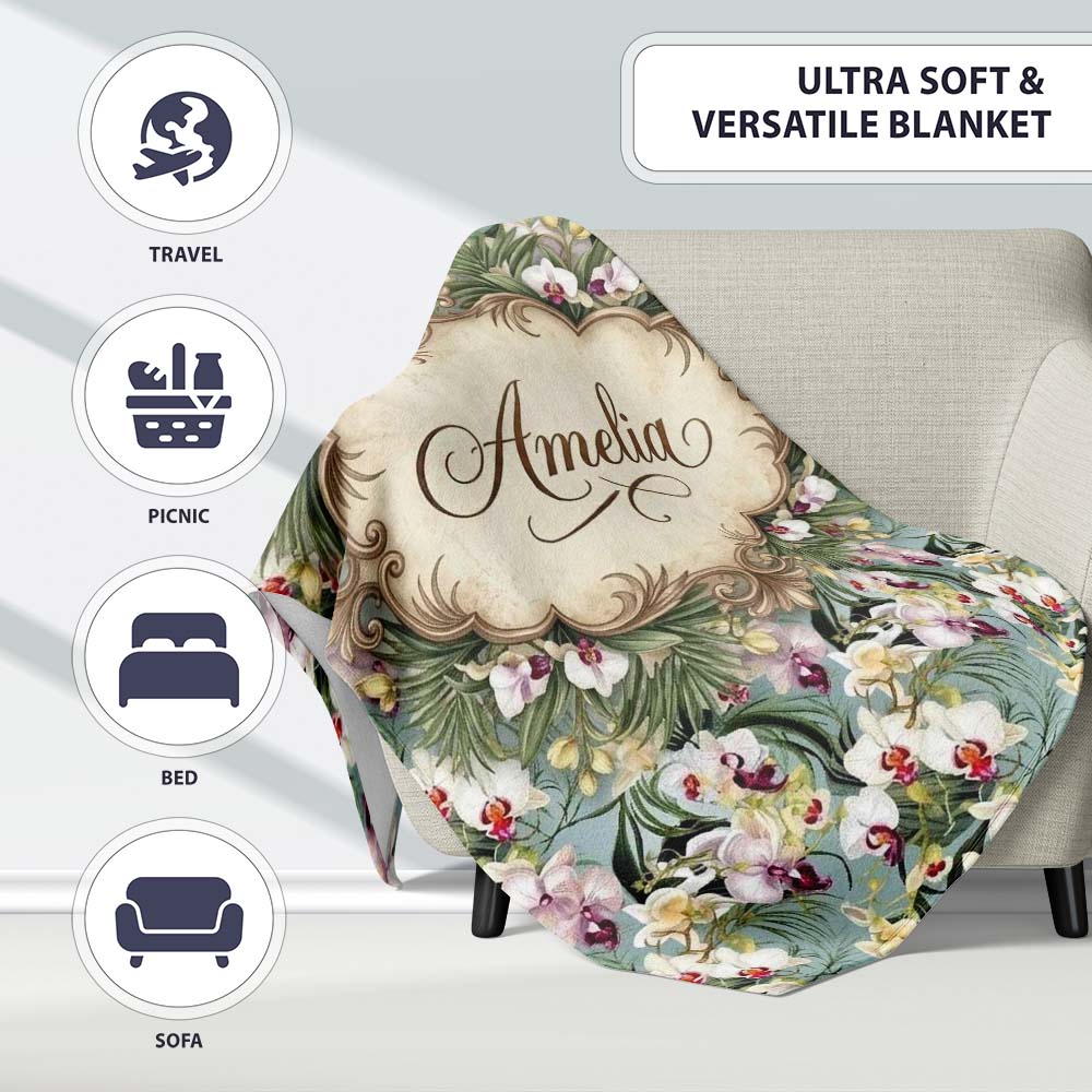 Tropical Orchid Floral with Cream and Pink Blooms Soft Blue Lovely Personalised Custom Name Super Soft Fleece Blanket Bed Sofa Throw