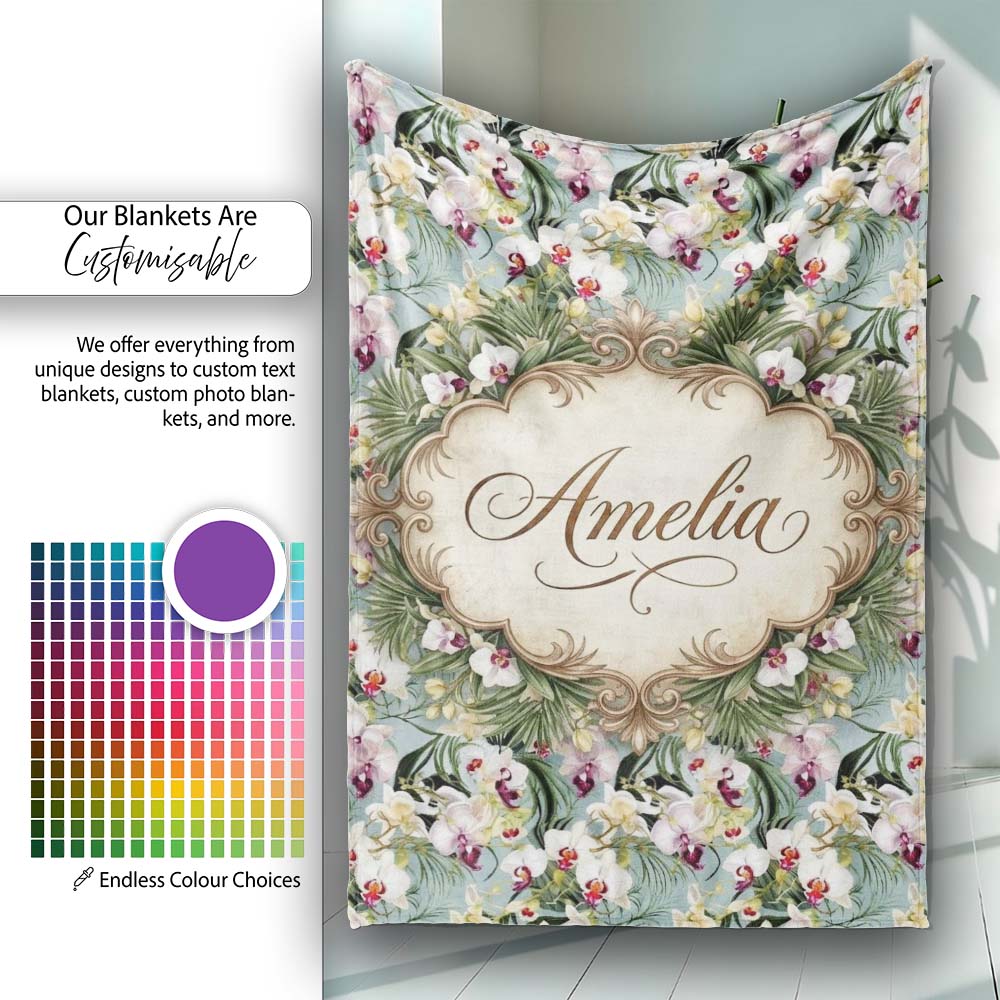 Tropical Orchid Floral with Cream and Pink Blooms Soft Blue Lovely Personalised Custom Name Super Soft Fleece Blanket Bed Sofa Throw