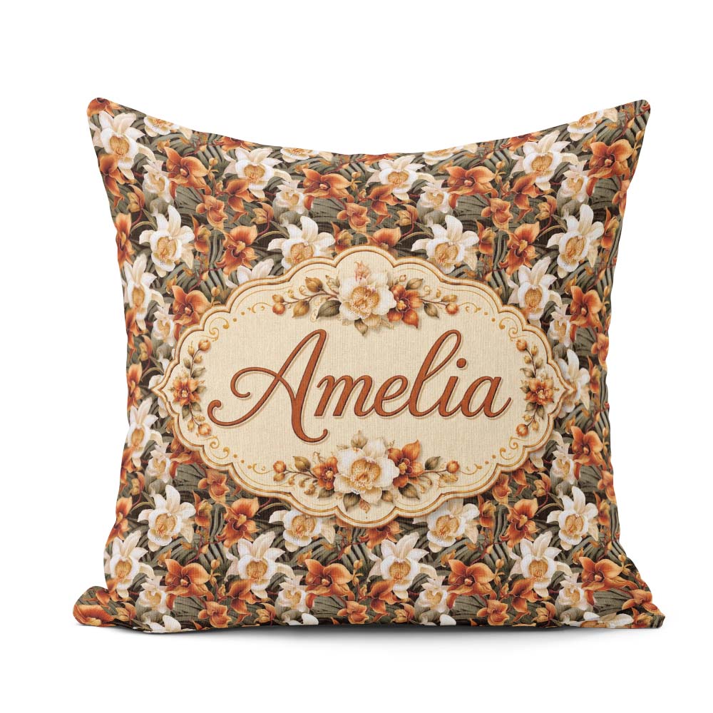 Custom Name Bold Cream Orange Orchid Floral with Lush Foliage on Square Filled Cushion Throw Pillow Sofa Bed Home Decor Zip Washable UK Made