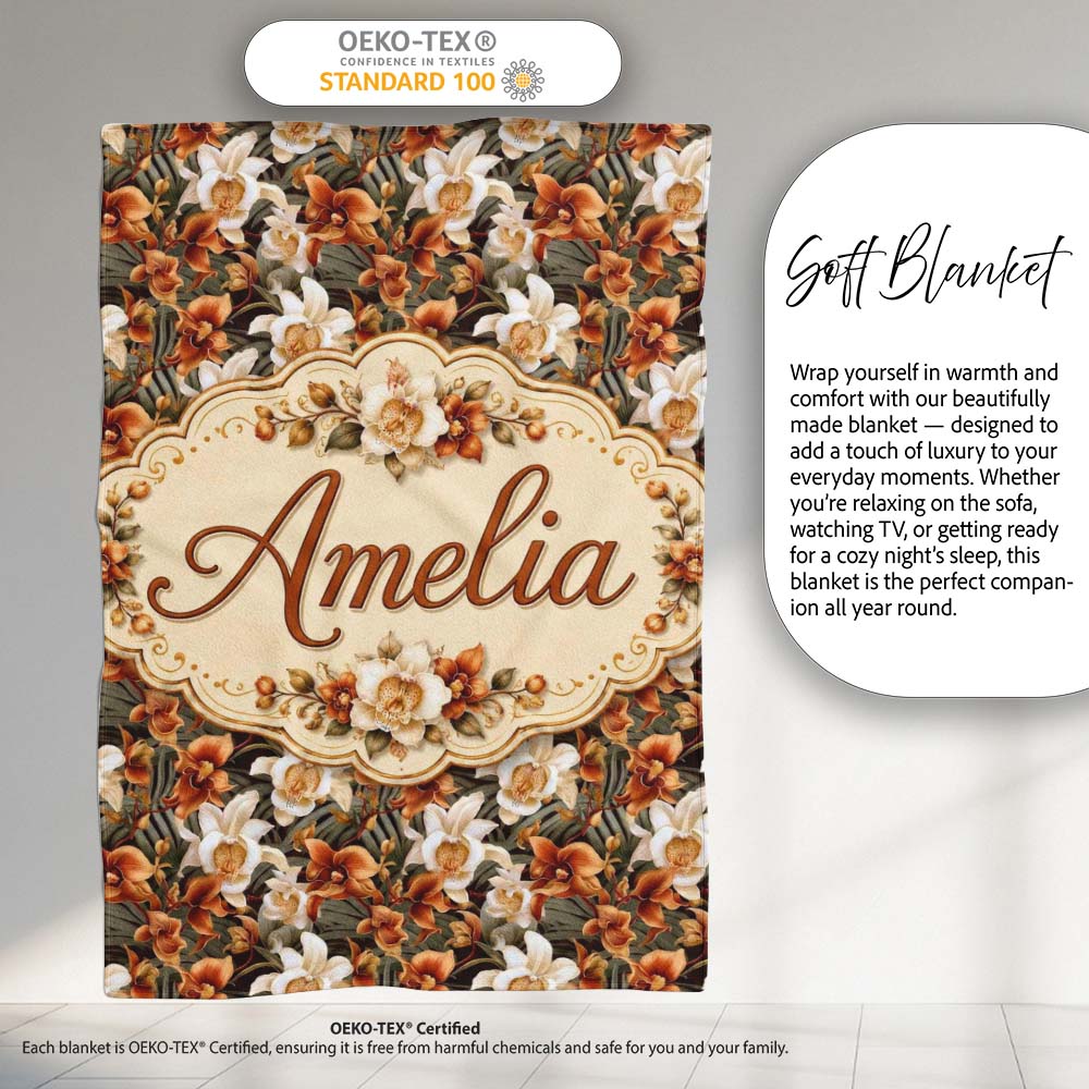 Bold Cream and Orange Orchid Floral with Lush Foliage on Dark Lovely Personalised Custom Name Super Soft Fleece Blanket Bed Sofa Throw
