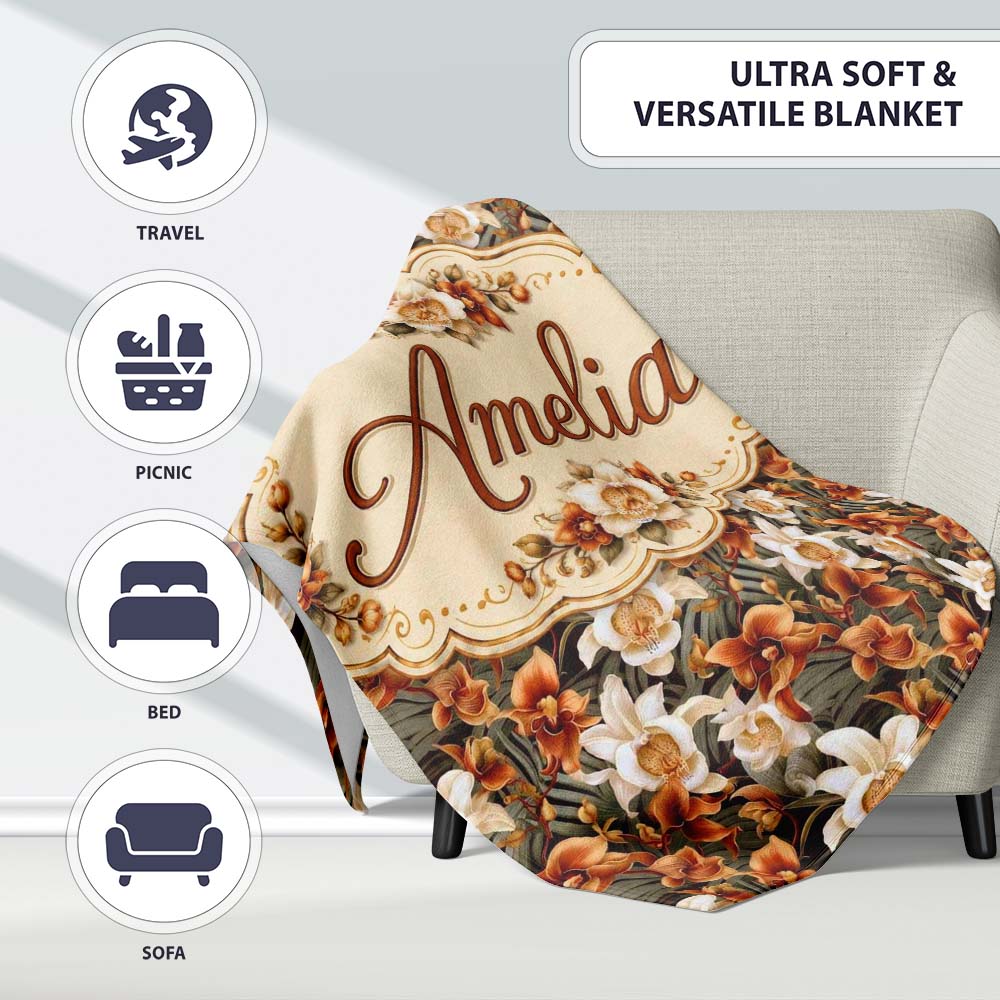 Bold Cream and Orange Orchid Floral with Lush Foliage on Dark Lovely Personalised Custom Name Super Soft Fleece Blanket Bed Sofa Throw