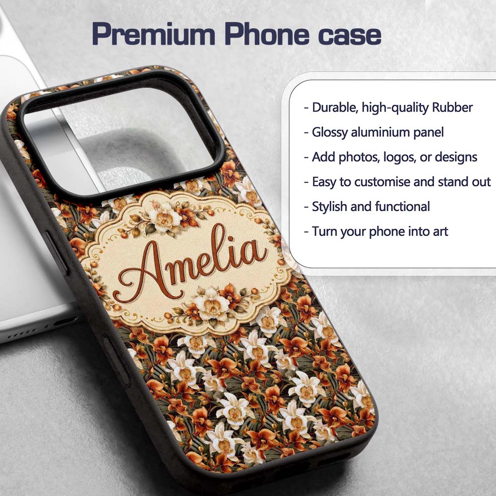 Bold Cream and Orange Orchid Floral with Lush Custom Name Protective Phone Case Mobile Cover Durable Everyday Smartphone Shock Resistant