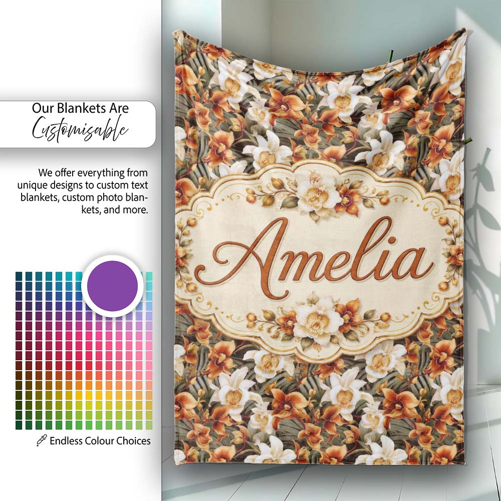 Bold Cream and Orange Orchid Floral with Lush Foliage on Dark Lovely Personalised Custom Name Super Soft Fleece Blanket Bed Sofa Throw