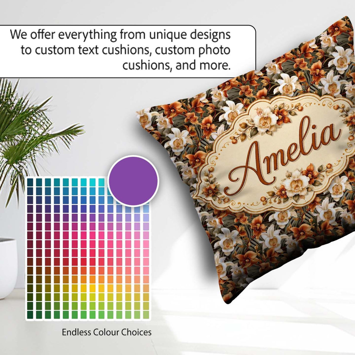 Custom Name Bold Cream Orange Orchid Floral with Lush Foliage on Square Filled Cushion Throw Pillow Sofa Bed Home Decor Zip Washable UK Made