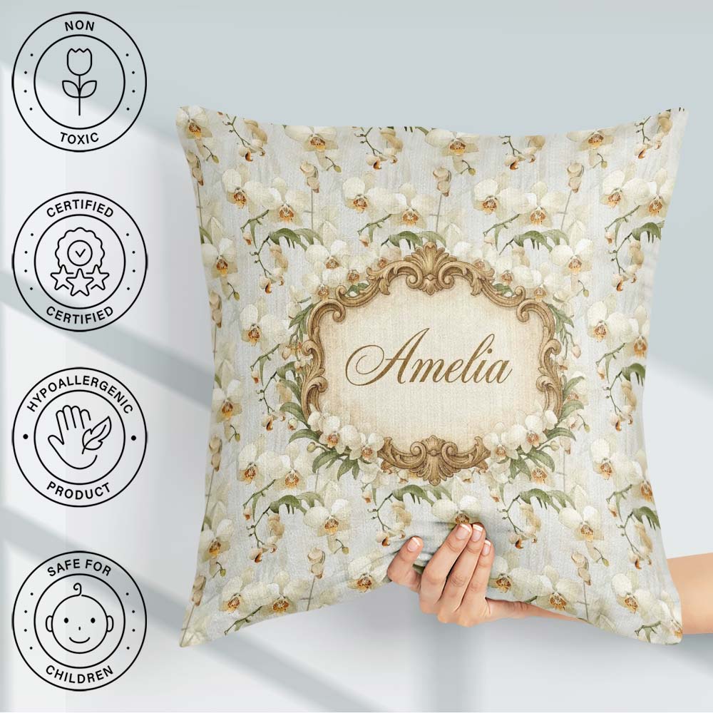 Custom Name Cream Orchid Floral Soft Neutral Background Delicate Square Filled Cushion Throw Pillow Sofa Bed Home Decor Zip Washable UK Made