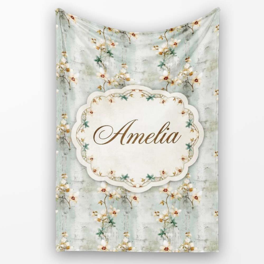 Vintage Orchid Branch Floral Pattern on Textured Blue Distressed Personalised Custom Name Super Soft Fleece Blanket Bed Sofa Throw