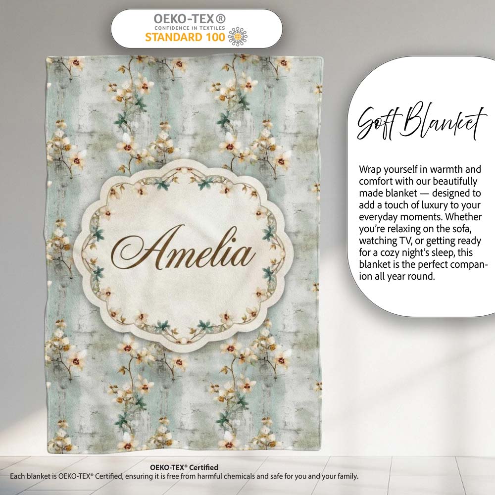 Vintage Orchid Branch Floral Pattern on Textured Blue Distressed Personalised Custom Name Super Soft Fleece Blanket Bed Sofa Throw