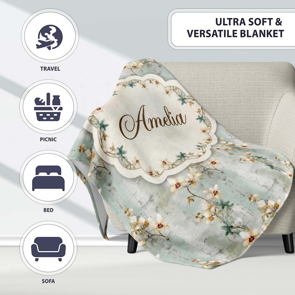 Vintage Orchid Branch Floral Pattern on Textured Blue Distressed Personalised Custom Name Super Soft Fleece Blanket Bed Sofa Throw