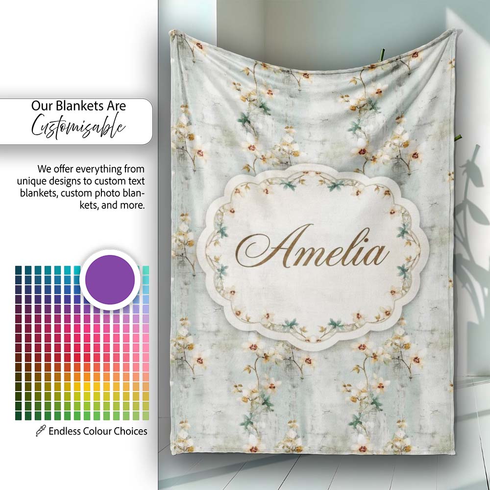 Vintage Orchid Branch Floral Pattern on Textured Blue Distressed Personalised Custom Name Super Soft Fleece Blanket Bed Sofa Throw