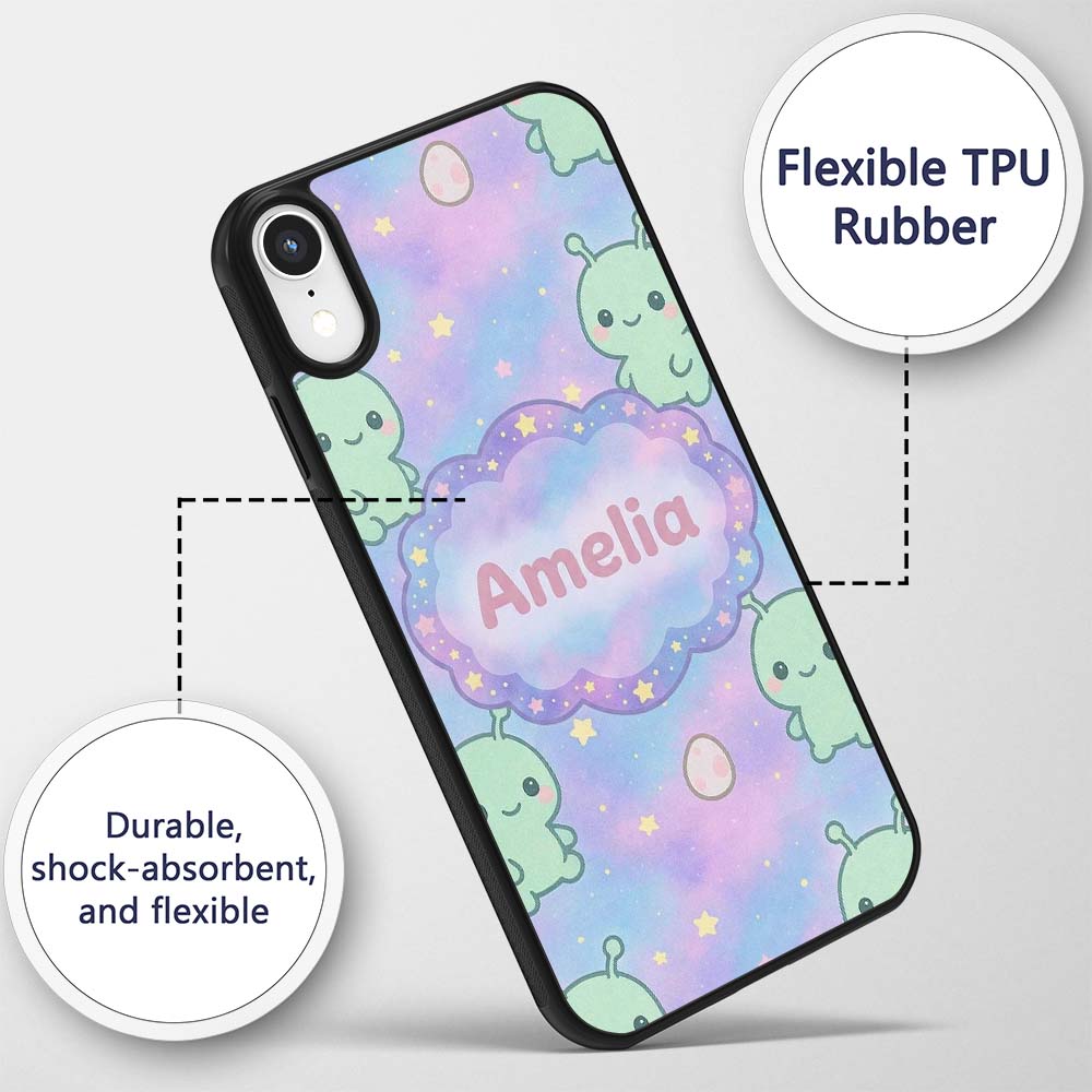 Cute Alien Space Cartoon Animal Pattern Cute Custom Name Protective Phone Case Mobile Cover Durable Everyday Smartphone Shock Resistant