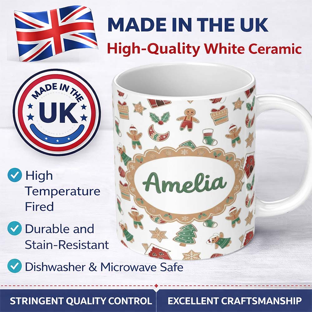 Personalized Custom Name Cute Gingerbread Cookies Stars Tree House Seamless Pattern Lovely 11oz Ceramic Coffee Tea Mug White Large Handle