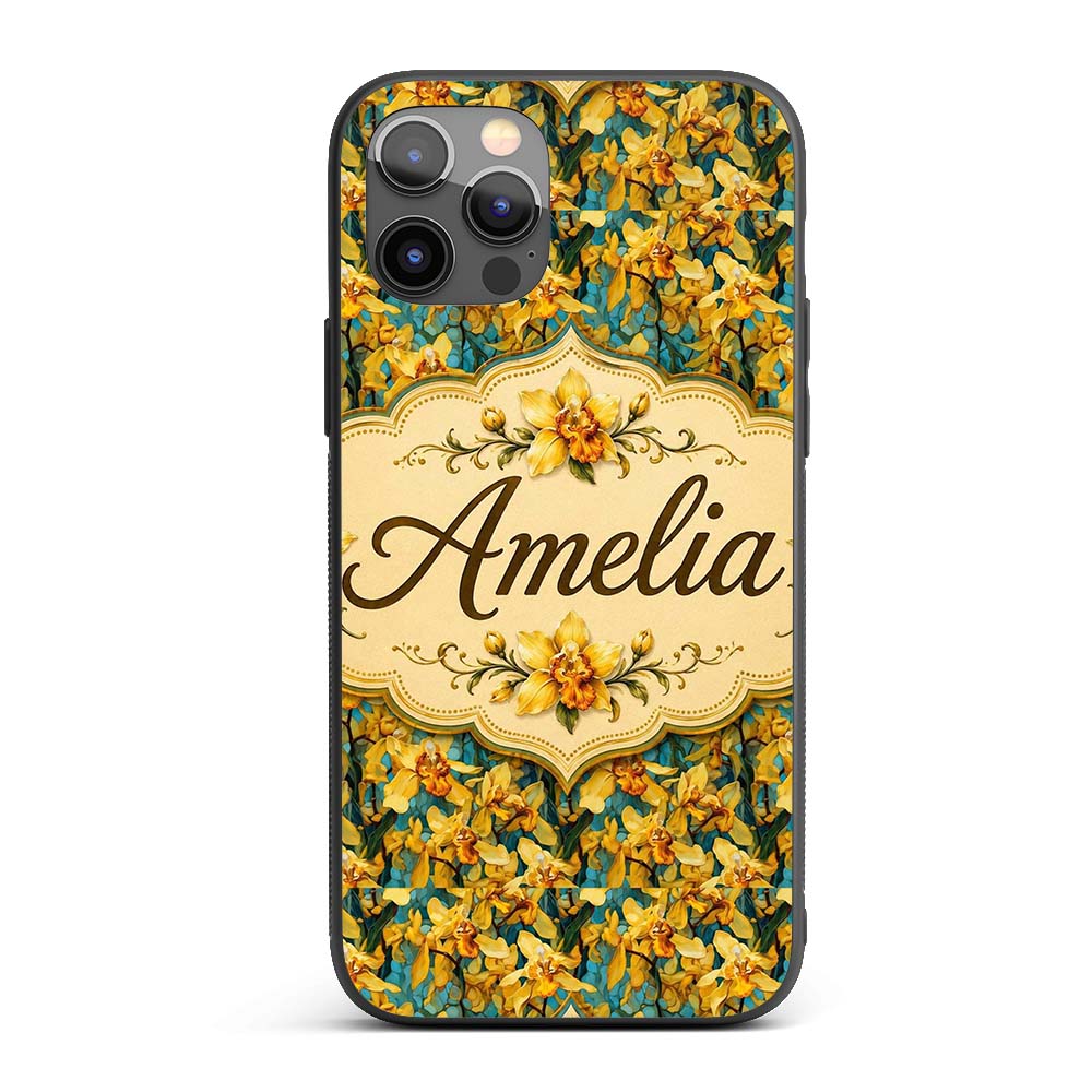 Yellow Orchid Floral with Artistic Painterly Custom Name Protective Phone Case Mobile Cover Durable Everyday Smartphone Shock Resistant