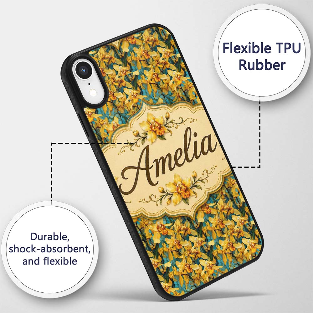 Yellow Orchid Floral with Artistic Painterly Custom Name Protective Phone Case Mobile Cover Durable Everyday Smartphone Shock Resistant