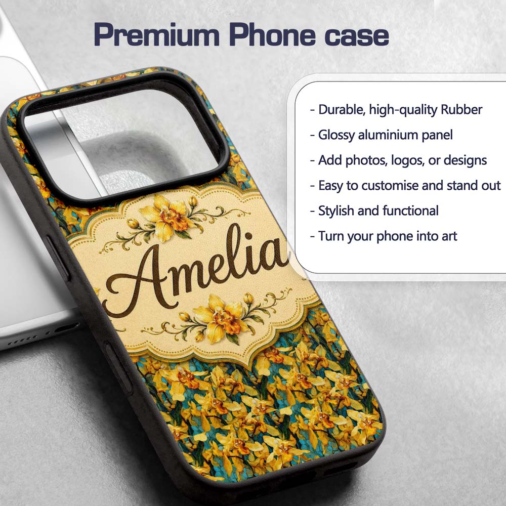 Yellow Orchid Floral with Artistic Painterly Custom Name Protective Phone Case Mobile Cover Durable Everyday Smartphone Shock Resistant