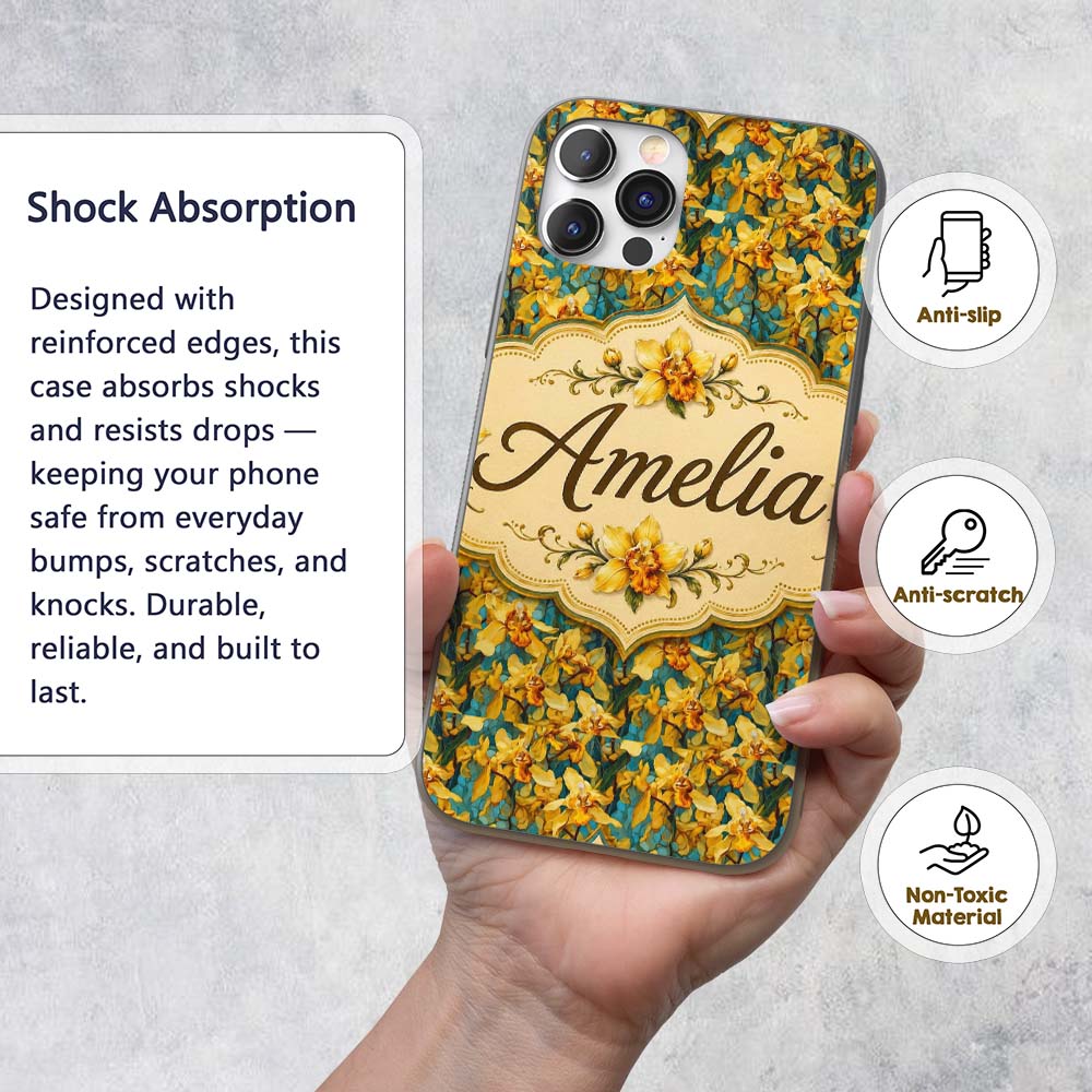 Yellow Orchid Floral with Artistic Painterly Custom Name Protective Phone Case Mobile Cover Durable Everyday Smartphone Shock Resistant