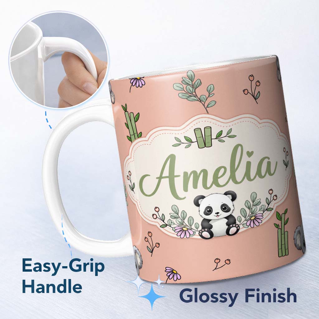Personalized Custom Name Cute Panda Bamboo and Floral Minimal Seamless Pattern on Peach 11oz Ceramic Coffee Tea Mug White Large Handle
