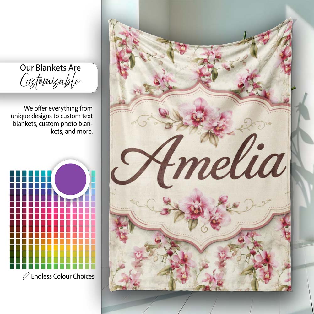 Orchid Blossom with Subtle Watercolour Effect on Light Background Personalised Custom Name Super Soft Fleece Blanket Bed Sofa Throw