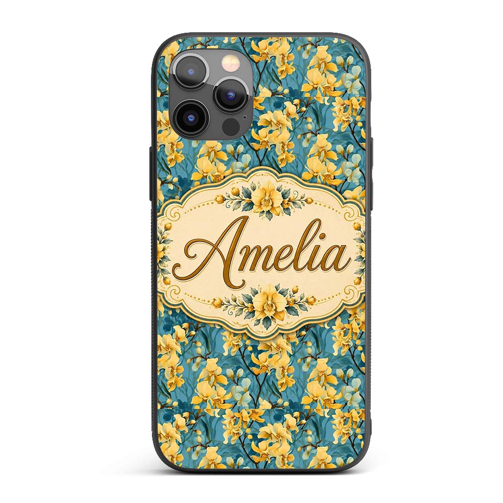 Golden Orchid Bloom on Teal Background Elegant Custom Name Protective Phone Case Mobile Cover Durable Everyday Smartphone Shock Resistant