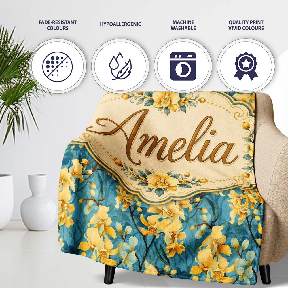 Golden Orchid Bloom on Teal Background Elegant Floral Pattern Lovely Personalised Custom Name Super Soft Fleece Blanket Bed Sofa Throw
