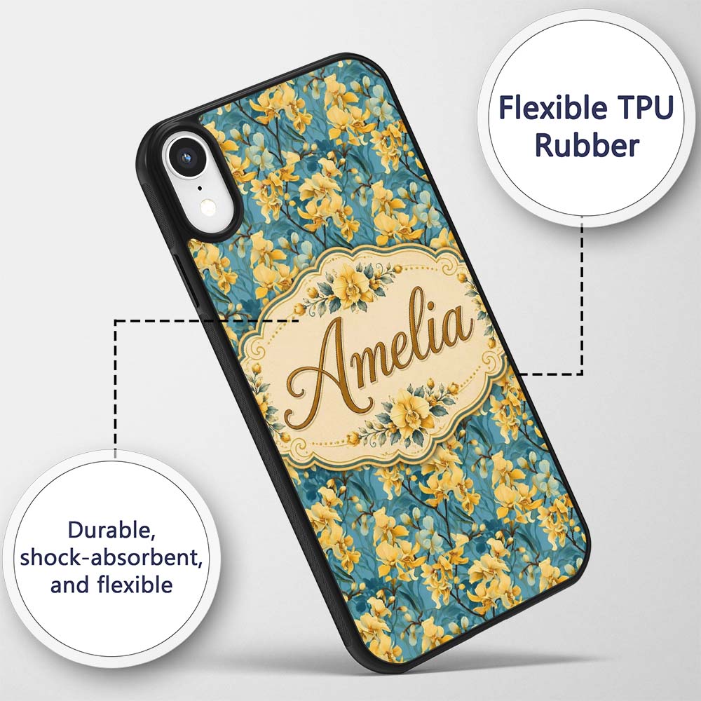 Golden Orchid Bloom on Teal Background Elegant Custom Name Protective Phone Case Mobile Cover Durable Everyday Smartphone Shock Resistant